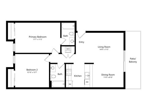 Floor plan for 2 beds, 2 baths, 850 sqft